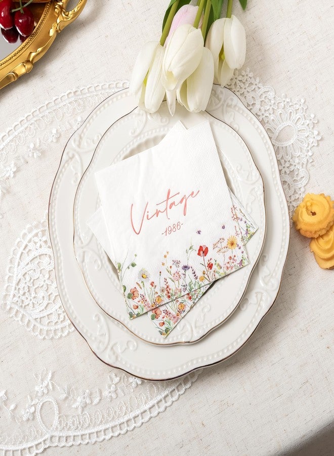 Crisky Floral 40th Birthday Napkins for Women 40th Birthday Decorations, 50 Pcs Vintage 1986 40 Years Old Disposable Napkins for Cake Dessert Beverage Table Bday Party Supplies, 3-Ply - Image 4